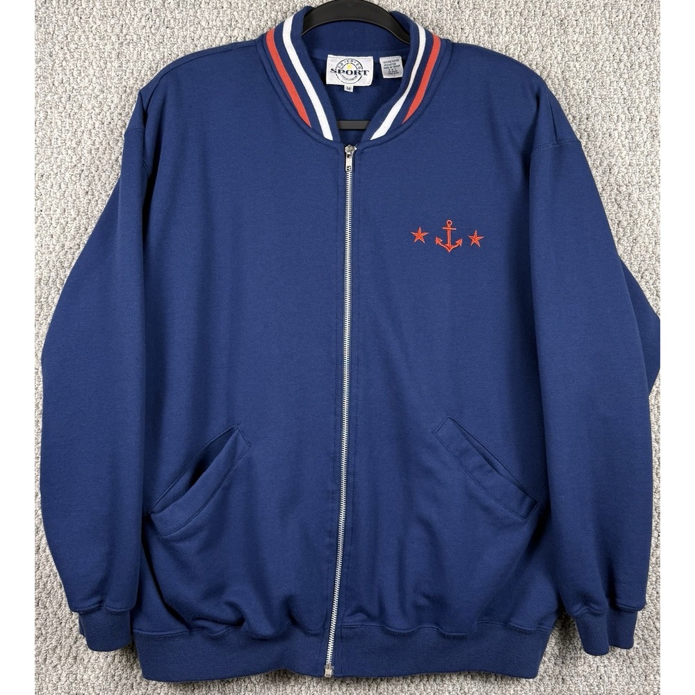 Vintage 80s 90s EBB Sport Bomber Jacket Women M Blue Anchor Shoulder Pads